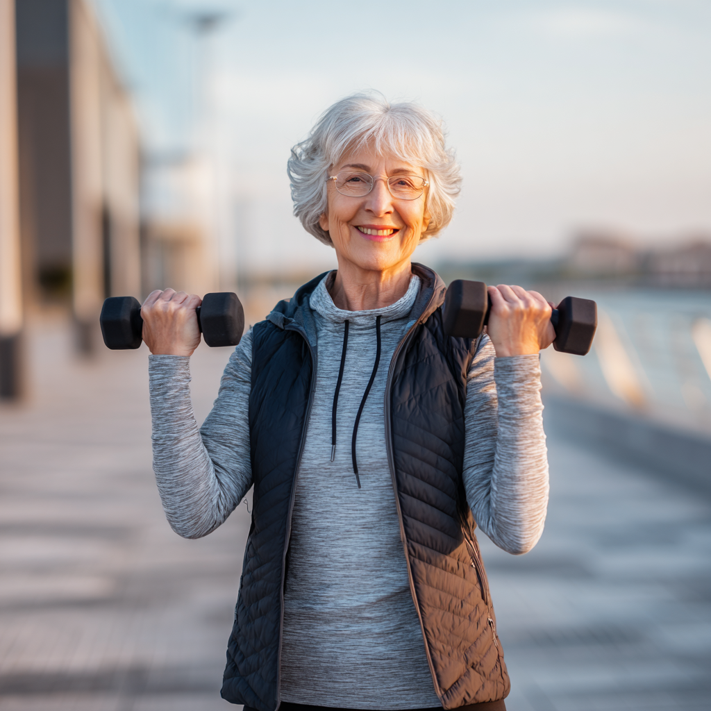 Confident elderly European woman doing fitness exercises outdoors, smiling and showing strength