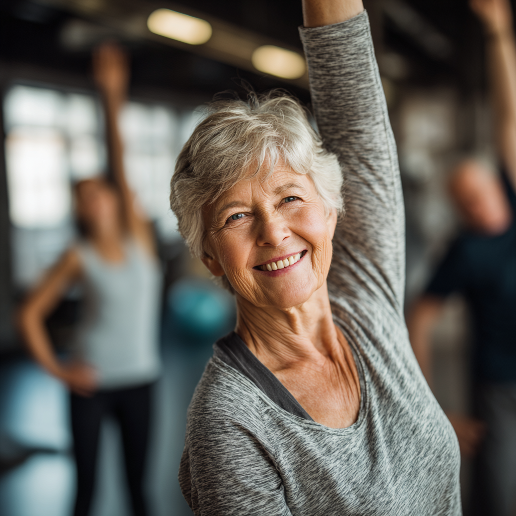 Elderly European man doing meditation and fitness exercises in peaceful outdoor setting, showing inner strength